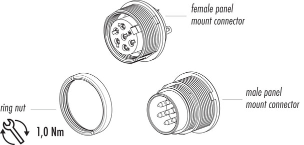 Binder 09-0327-89-07 M16 IP40 Male panel mount connector, Contacts: 7 (07-a), unshielded, solder, IP40, front fastened