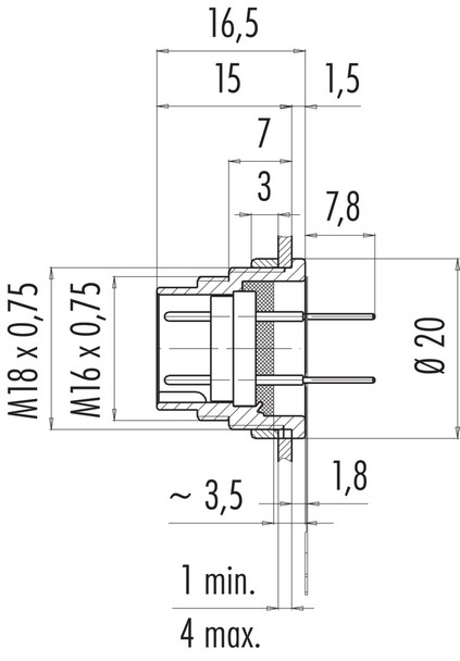 Binder 09-0331-65-12 M16 IP40 Male panel mount connector, Contacts: 12 (12-a), unshielded, THT, IP40, front fastened