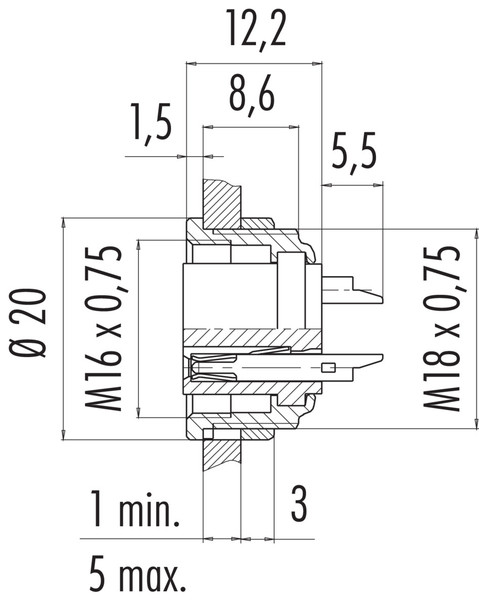 Binder 09-0308-00-03 M16 IP40 Female panel mount connector, Contacts: 3 (03-a), unshielded, solder, IP40