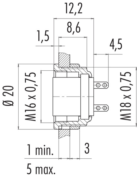 Binder 09-0316-00-05. M16 IP40 Female panel mount connector. Contacts: 5 (05-a), unshielded, solder