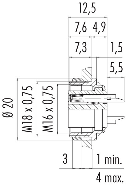 Binder 09-0312-80-04 M16 IP40 Female panel mount connector, Contacts: 4 (04-a), unshielded, solder, IP40, front fastened