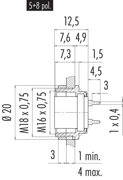 Binder 09-0316-99-05 M16 IP40 Female panel mount connector, Contacts: 5 (05-a), unshielded, THT, IP40, front fastened