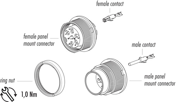Binder 09-0328-780-07 M16 IP40 Female panel mount connector, Contacts: 7 (07-a), unshielded, crimping (Crimp contacts must be ordered separately), IP40, front fastened
