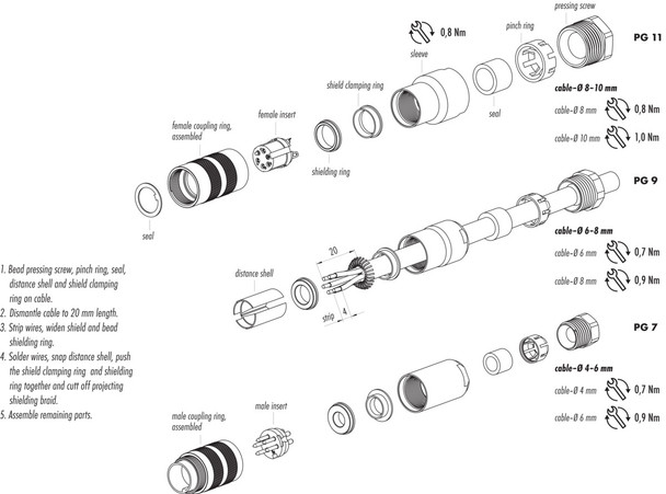 Binder 99-5609-19-04 M16 IP67 Male cable connector, Contacts: 4 (04-a), 6.0-8.0 mm, shieldable, solder, IP67, UL
