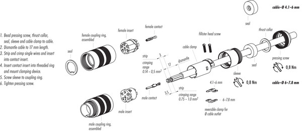 Binder 99-5113-760-05 M16 IP67 Male cable connector, Contacts: 5 (05-a), 4.1-7.8 mm, shieldable, crimping, IP67, Short version