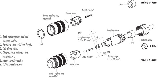 Binder 99-5109-740-04 M16 IP67 Male cable connector, Contacts: 4 (04-a), 4.1-7.8 mm, unshielded, crimping (Crimp contacts must be ordered separately), IP67, UL, Short version