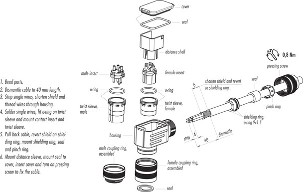 Binder 99-5671-75-08 M16 IP67 Male angled connector, Contacts: 8 (08-a), 6.0-8.0 mm, shieldable, solder, IP67, UL
