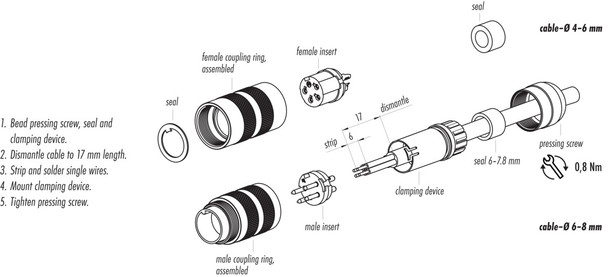 Binder 99-5106-40-03 M16 IP67 Female cable connector, Contacts: 3 (03-a), 4.1-7.8 mm, unshielded, solder, IP67, UL, Short version