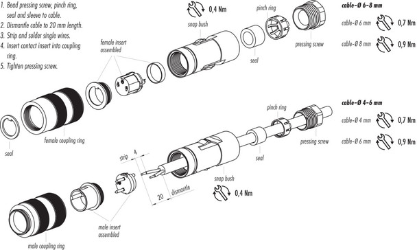Binder 09-0495-70-24 M16 IP67 Male cable connector, Contacts: 24, 6.0-8.0 mm, unshielded, solder, IP67
