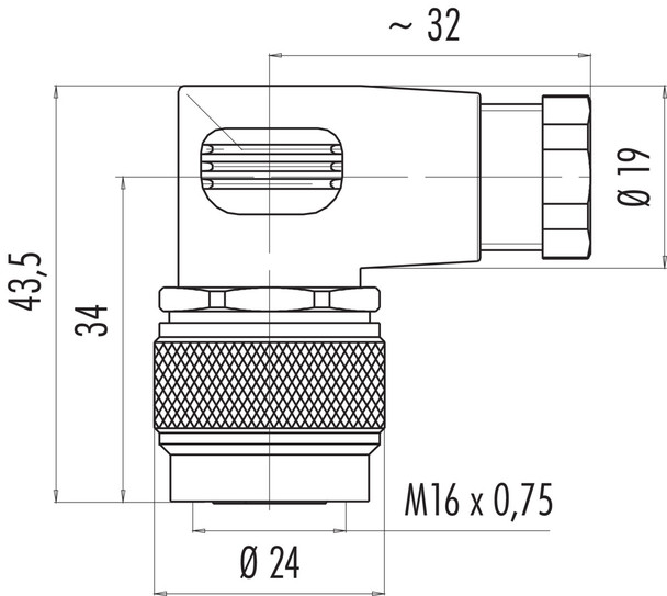 Binder 99-0506-106-16 M16 IP67 Female angled connector, Contacts: 16, 4.0-6.0 mm, unshielded, solder, IP67