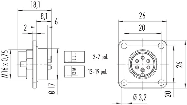 Binder 09-0107-300-03 M16 IP67 Square male panel mount connector, Contacts: 3 (03-a), unshielded, solder, IP67, UL