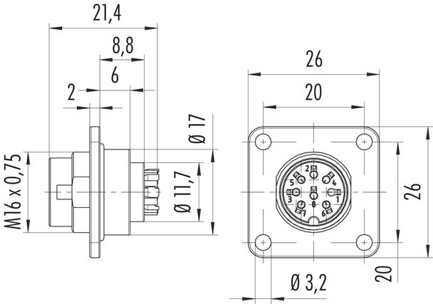 Binder 09-0173-370-08 M16 IP67 Square male panel mount connector, Contacts: 8 (08-a), unshielded, crimping (Crimp contacts must be ordered separately), IP68, UL, AISG compliant