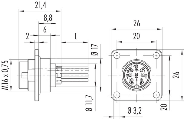 Binder 09-0111-320-04 M16 IP67 Male panel mount connector, Contacts: 4 (04-a), unshielded, single wires, IP67, UL