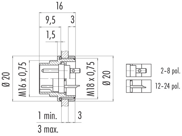 Binder 09-0103-09-02 M16 IP67 Male panel mount connector, Contacts: 2 (02-a), unshielded, solder, IP67, UL