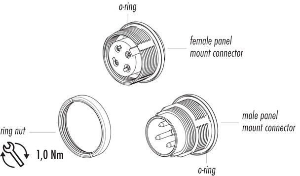 Binder 09-0103-80-02 M16 IP67 Male panel mount connector, Contacts: 2 (02-a), unshielded, solder, IP67, UL, front fastened