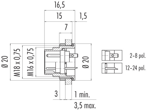 Binder 09-0115-89-05 M16 IP67 Male panel mount connector, Contacts: 5 (05-a), unshielded, solder, IP67, UL, front fastened