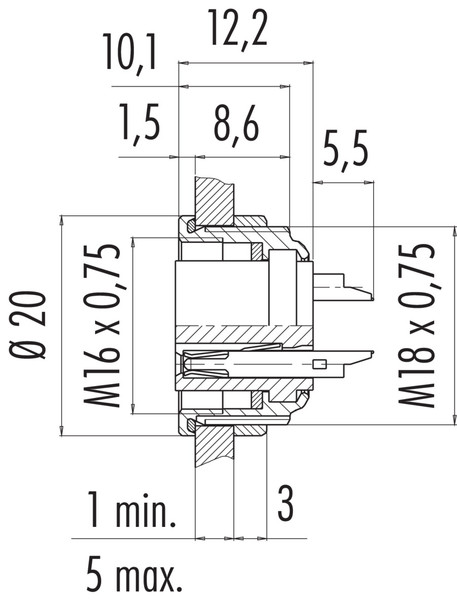 Binder 09-0104-00-02 M16 IP67 Female panel mount connector, Contacts: 2 (02-a), unshielded, solder, IP67, UL