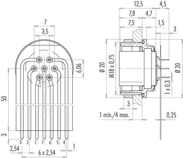 Binder 09-0128-65-07 M16 IP67 Female panel mount connector, Contacts: 7 (07-a), unshielded, THT, IP67, front fastened