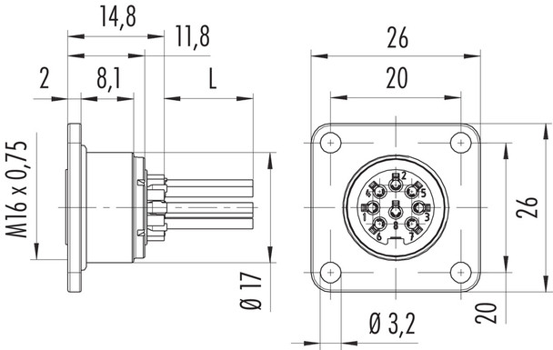 Binder 09-0174-782-08 M16 IP67 Female panel mount connector, Contacts: 8 (08-a), unshielded, single wires, IP68, UL, AISG compliant