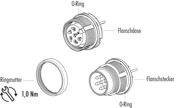 Binder 09-0127-290-07 M16 IP67 Male panel mount connector, Contacts: 7 (07-a), shieldable, THT, IP68, UL, front fastened
