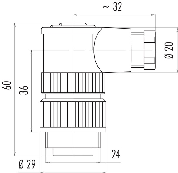 Binder 99-0201-70-07 RD24 Male angled connector, Contacts: 6+PE, 6.0-8.0 mm, unshielded, crimping (Crimp contacts must be ordered separately), IP67, PG 9