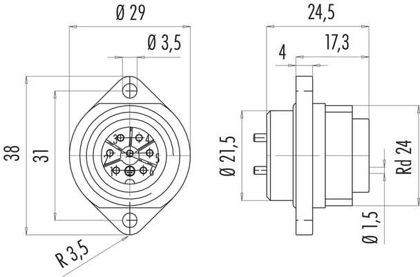 Binder 09-0215-00-07 RD24 Male panel mount connector, Contacts: 6+PE, unshielded, solder, IP67