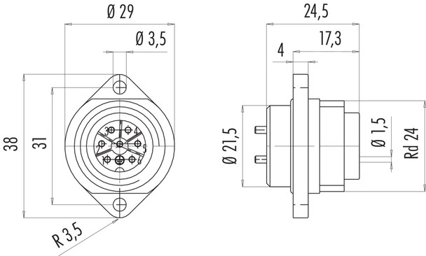 Binder 09-4227-00-07 RD24 Male panel mount connector, Contacts: 6+PE, unshielded, solder, IP67, UL, ESTI+, VDE