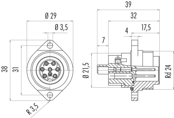 Binder 09-4219-00-07 RD24 Male panel mount connector, Contacts: 6+PE, unshielded, screw clamp, IP67, UL, ESTI+, VDE