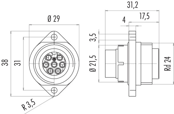 Binder 09-0203-00-07 RD24 Male panel mount connector, Contacts: 6+PE, unshielded, crimping (Crimp contacts must be ordered separately), IP67