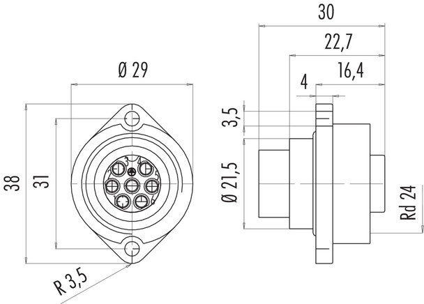 Binder 09-0204-00-07 RD24 Female panel mount connector, Contacts: 6+PE, unshielded, crimping (Crimp contacts must be ordered separately), IP67