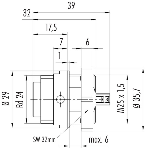 Binder 09-4219-150-07 RD24 Male panel mount connector, Contacts: 6+PE, unshielded, screw clamp, IP67, UL, ESTI+, VDE, central fixing