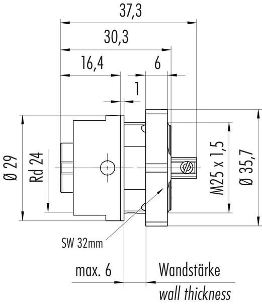 Binder 09-4220-150-07 RD24 Female panel mount connector, Contacts: 6+PE, unshielded, screw clamp, IP67, UL, ESTI+, VDE, central fixing