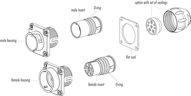 Binder 09-6503-100-08 Bayonet HEC Male panel mount connector, Contacts: 4+3+PE, unshielded, crimping (Crimp contacts must be ordered separately), IP68/IP69K, UL, VDE