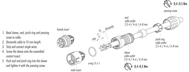 Binder 99-9125-403-08 Snap-In IP67 (miniature) Male cable connector, Contacts: 8, 2.5-4.0 mm, unshielded, solder, IP67