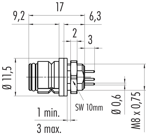 Binder 99-9208-490-03 Snap-In IP67 (subminiature) Female panel mount connector, Contacts: 3, unshielded, THT, IP67