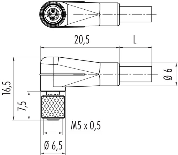 Binder 77-3454-0000-50004-0200 M5 Female angled connector, Contacts: 4, unshielded, moulded on the cable, IP67, UL, M5x0,5, PUR, black, 4 x 0.25 mm², 2 m