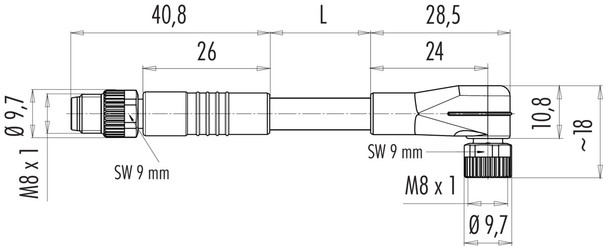 Binder 77-3608-3405-50003-0100 M8 Connecting cable male cable connector - female angled connector with LED, Contacts: 3, unshielded, moulded on the cable, IP67, UL, PUR, black, 3 x 0.34 mm², 1 m