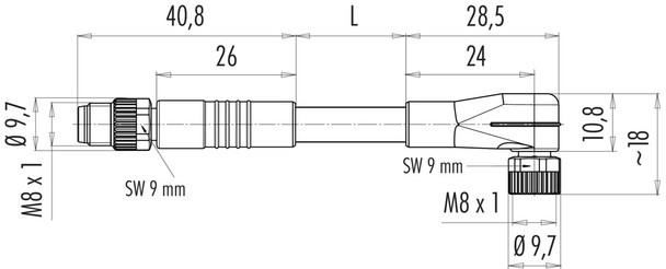 Binder 77-3408-3405-30003-1000 M8 Connecting cable male cable connector - female angled connector, Contacts: 3, unshielded, moulded on the cable, IP67/IP69K, UL, TPE, black, 3 x AWG 22, 10 m