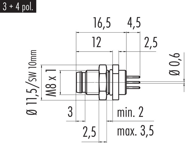 Binder 86-6119-1100-00004 M8 Male panel mount connector, Contacts: 4, unshielded, THT, IP67, UL, front fastened