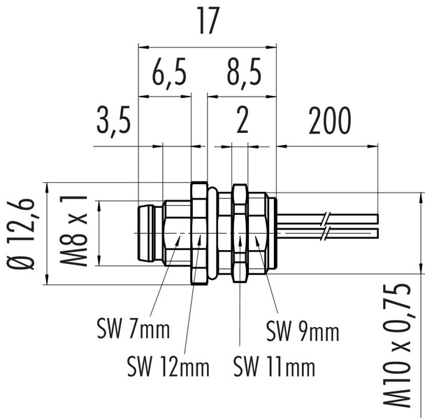 Binder 76-6219-1111-00006-0200 M8 Male panel mount connector, Contacts: 6, unshielded, single wires, IP67, UL, M10x0,75
