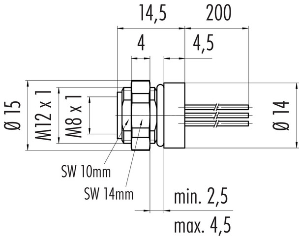 Binder 76-6518-1111-00004-0200 M8 Female panel mount connector, Contacts: 4, unshielded, single wires, IP67/IP69K, UL, M12x1,0, front fastened
