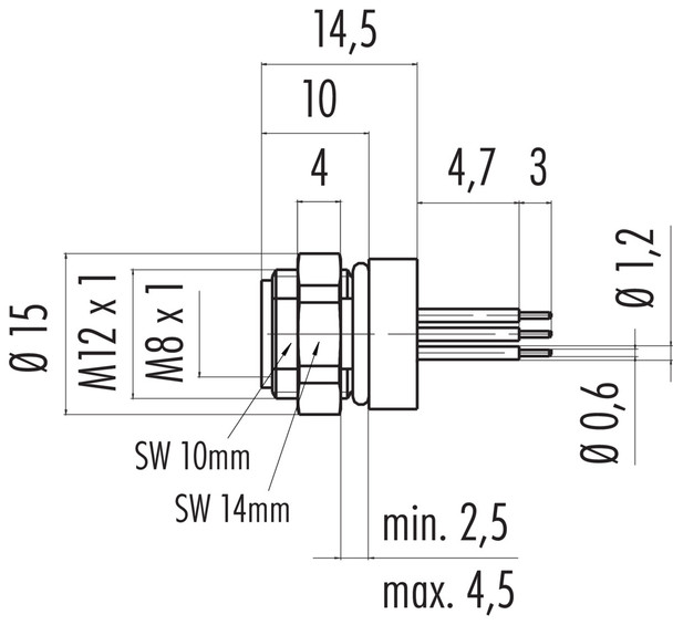 Binder 86-6518-1122-00004 M8 Female panel mount connector, Contacts: 4, unshielded, THT, IP67, M12x1,0, front fastened