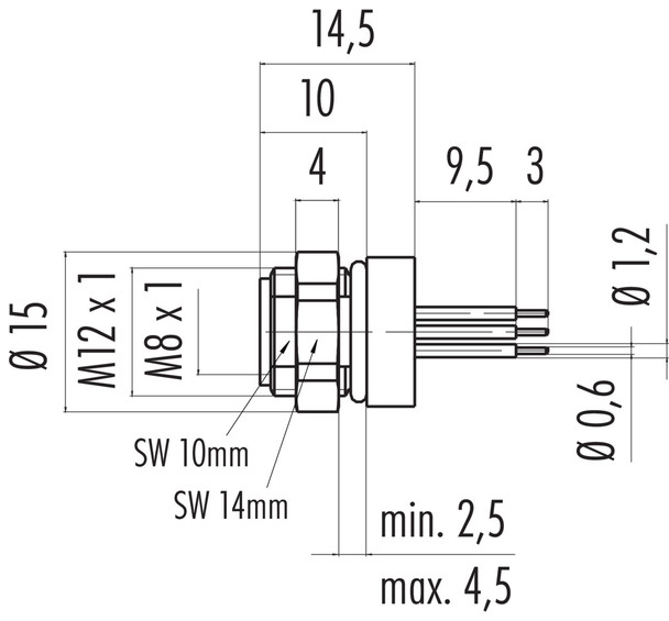 Binder 86-6518-1123-00004 M8 Female panel mount connector, Contacts: 4, unshielded, THT, IP67, UL, M12x1,0, front fastened