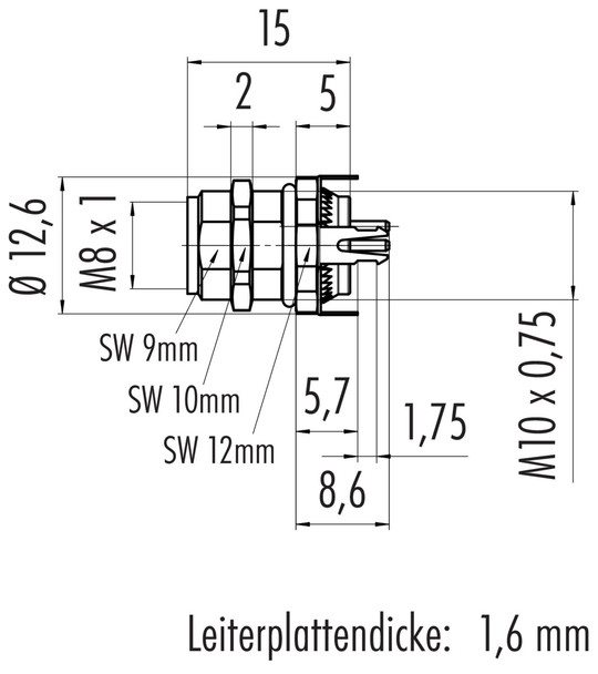 Binder 86-6618-1120-00008 M8 Female panel mount connector, Contacts: 8, shieldable, THT, IP67, M10x0,75, front fastened