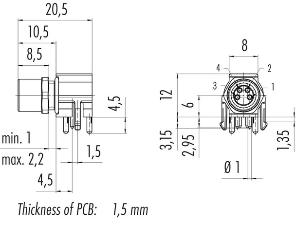 Binder 99-3390-282-04 M8 Female angled panel mount connector, Contacts: 4, unshielded, THR, IP67, UL