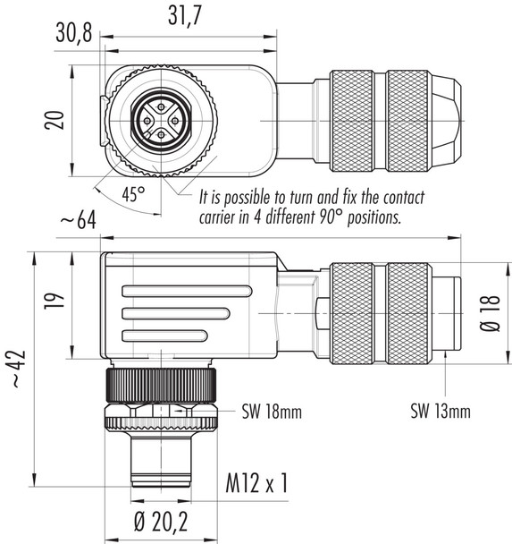 Binder 99-1431-824-04 M12-A Male angled connector, Contacts: 4, 5.0-8.0 mm, shieldable, screw clamp, IP67, UL