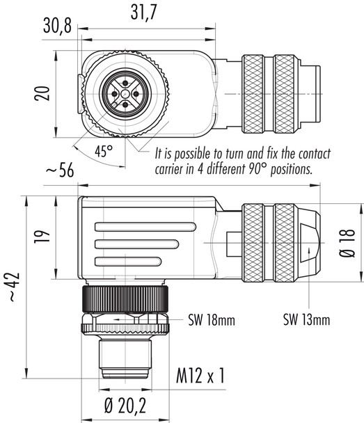 Binder 99-1525-824-04 M12-A Male angled connector, Contacts: 4, 4.0-6.0 mm, shieldable, wire clamp, IP67