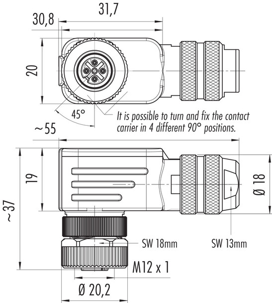 Binder 99-1430-822-04 M12-A Female angled connector, Contacts: 4, 6.0-8.0 mm, shieldable, screw clamp, IP67, UL