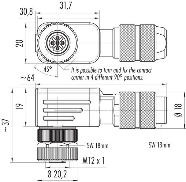 Binder 99-1438-824-05 M12-A Female angled connector, Contacts: 5, 5.0-8.0 mm, shieldable, screw clamp, IP67, UL