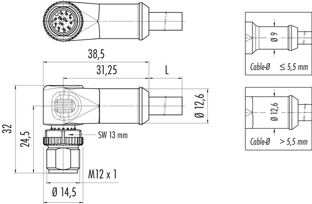 Binder 77-3427-0000-20712-0500 M12-A Male angled connector, Contacts: 12, unshielded, moulded on the cable, IP69K, UL, PVC, grey, 12 x 0.25 mm², 5 m